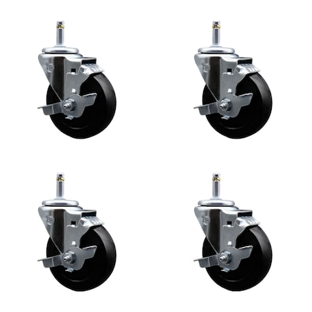Service Caster 4'' Soft Rubber Wheel Swivel 7/16'' Grip Ring Stem Caster Set with Brake, 4PK SCC-GR20S414-SRS-TLB-716138-4